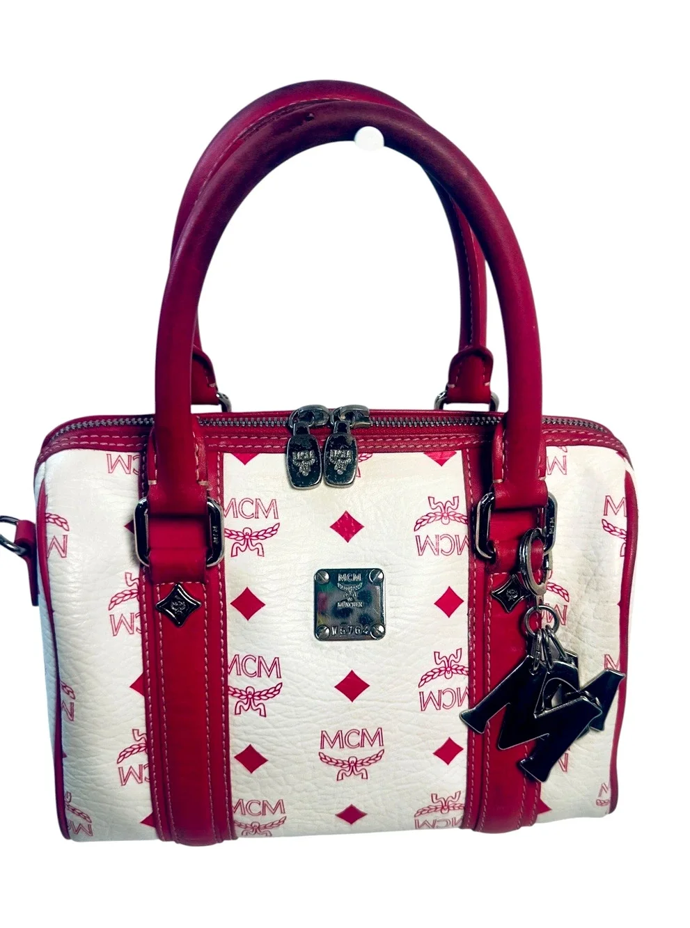 MCM Small Boston bag White Pink Visetos Satchel with Charm~Chain strap~Twilly